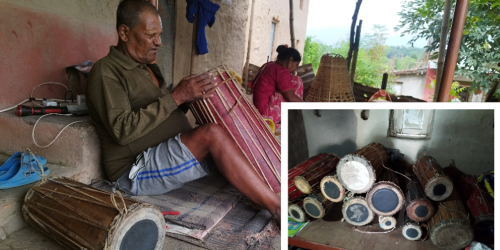 तिहारका लागि मादल बनाउन व्यस्त चित्रे बादी