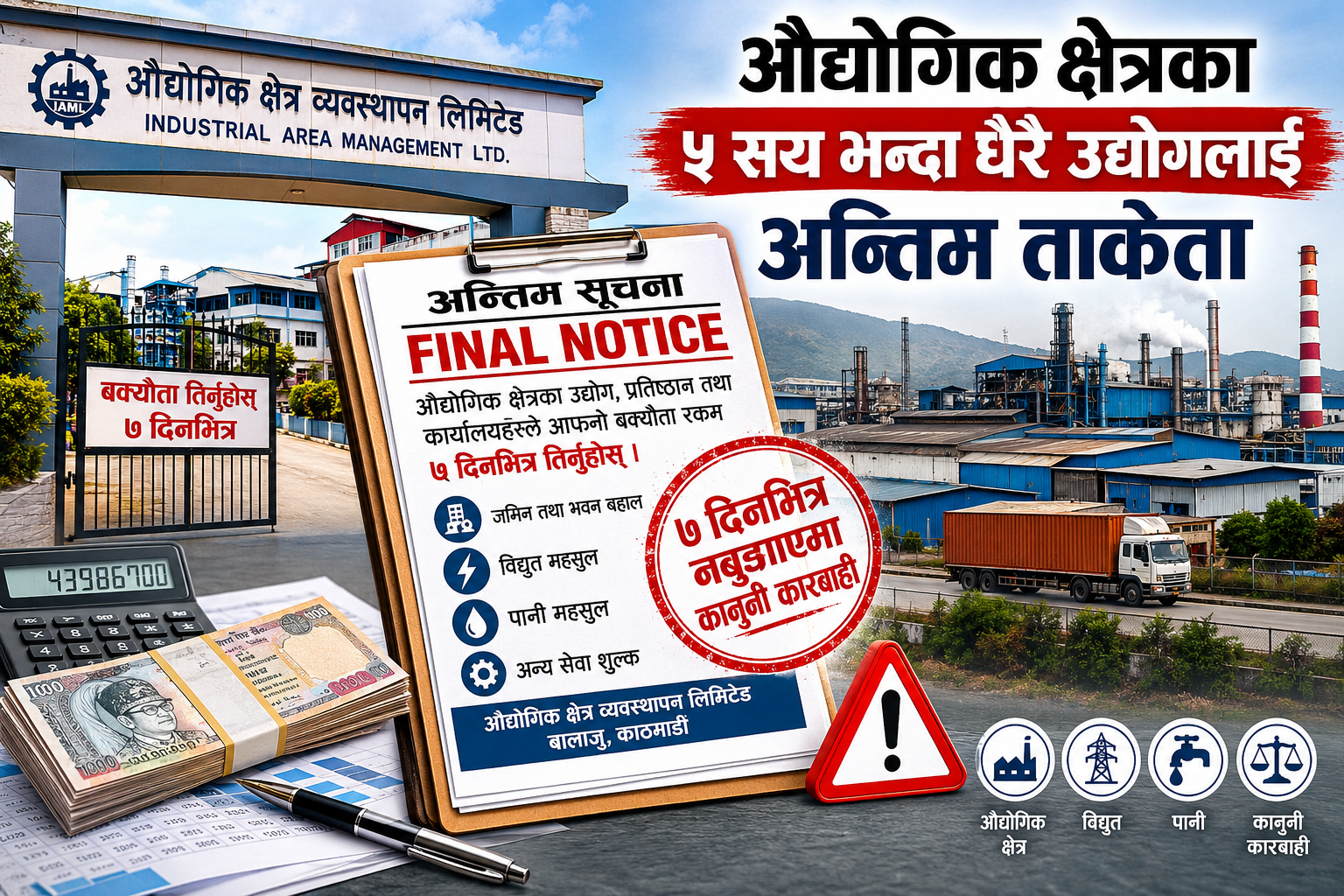 औद्योगिक क्षेत्रका पाँचसय भन्दा धेरै उद्योगलाई सात दिनभित्र बक्यौता तिर्न अन्तिम ताकेता