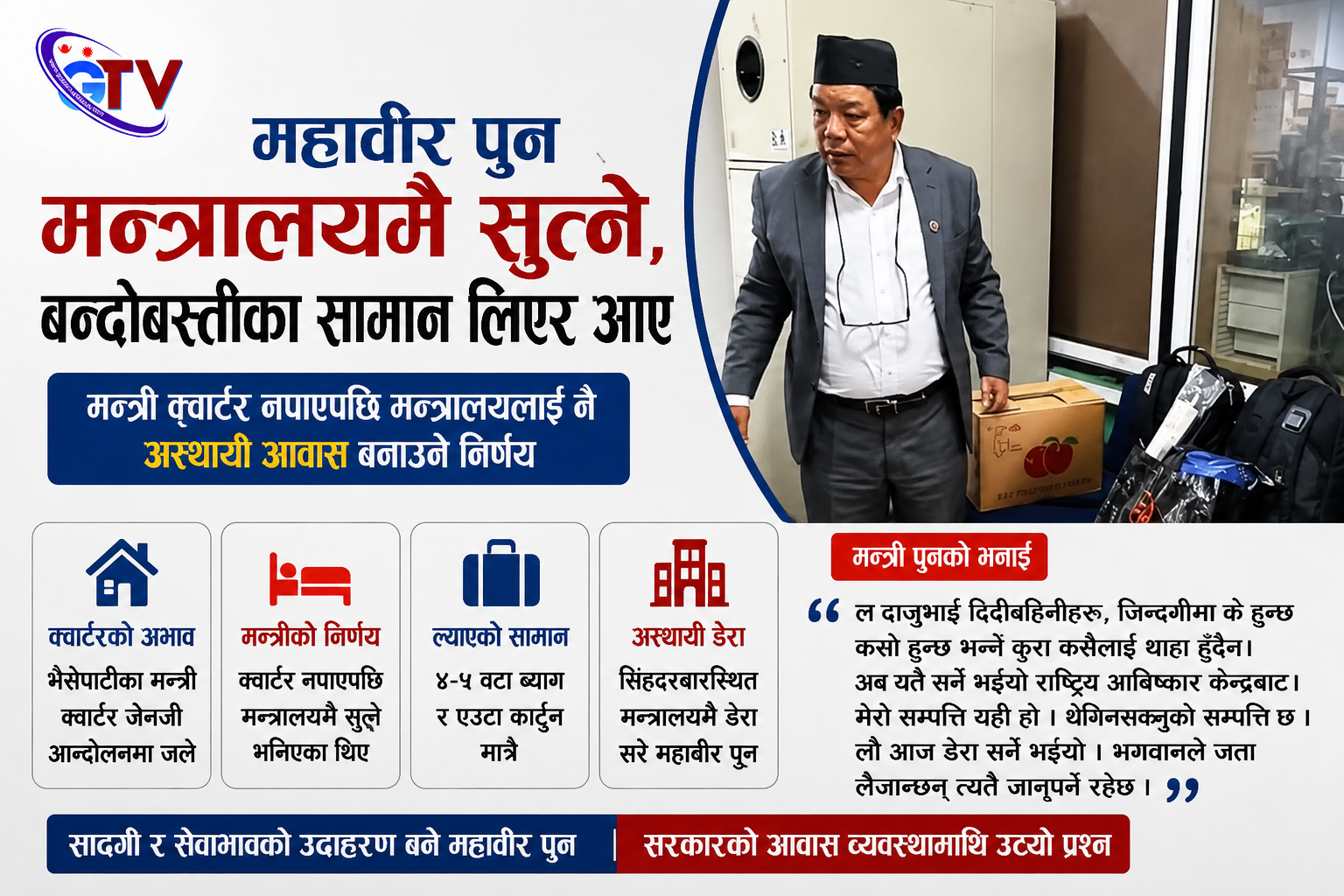 मन्त्री बनेपछि पनि उस्तै सरलता, मन्त्रालयमै डेरा सरे महावीर पुन मन्त्री बनेपछि पनि उस्तै सरलता, मन्त्रालयमै डेरा सरे महावीर पुन