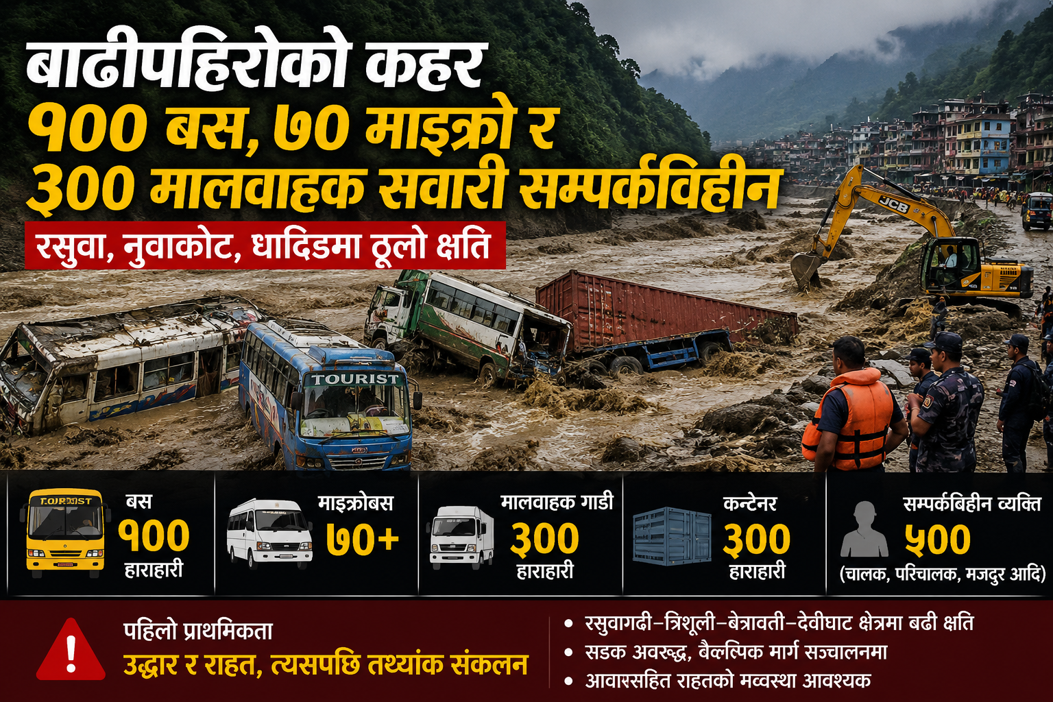 बाढीपहिरोको कहर : १०० बस, ७० माइक्रो र ३०० मालवाहक सवारी सम्पर्कविहीन